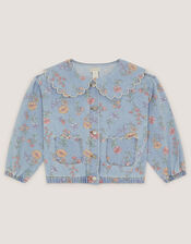Floral Scallop Collar Denim Jacket, Blue (BLUE), large