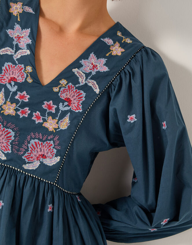 Bria Embroidered Long Sleeve Midi Dress, Blue (BLUE), large