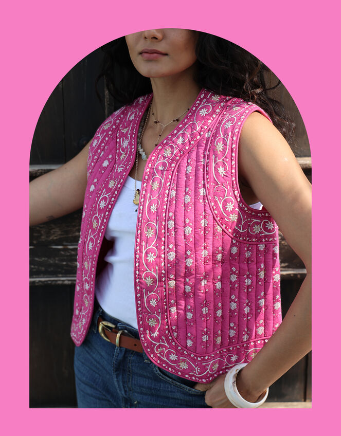 Dilli Grey Saffron Reversible Block Print Waistcoat, Pink (MAGENTA), large