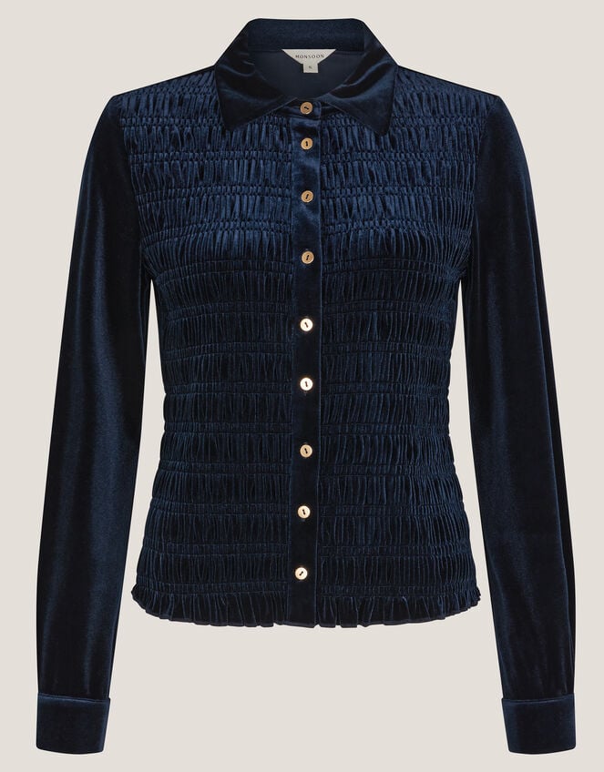 Sam Smocked Stretch Velvet Shirt, Blue (MIDNIGHT), large