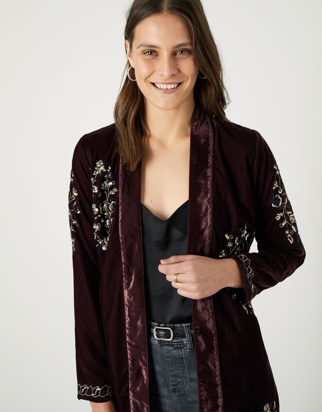 Cleo Velvet Embroidered Kimono, Brown (CHOCOLATE), large