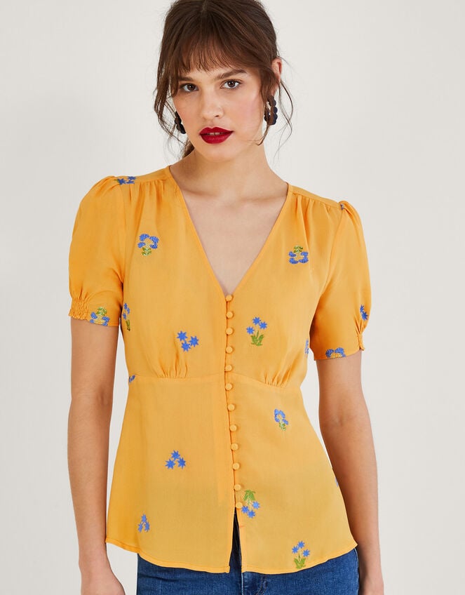 Ollie Embroidered Tea Top in Sustainable Viscose Yellow Tops T-shirts | Monsoon UK.