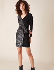 Ava Sequin Stretch Wrap Dress	, Black (BLACK), large