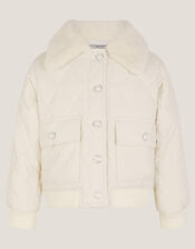 Faux Fur Collar Quilted Bomber Jacket, Cream (CREAM), large