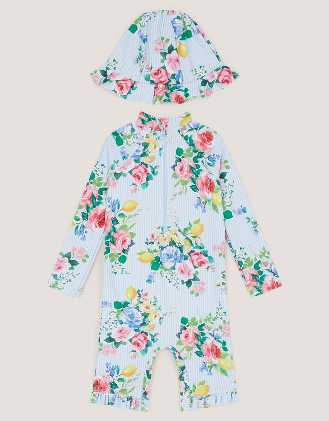 Baby Floral Stripe UPF50+ Swimsuit & Sun Hat, Blue (BLUE), large