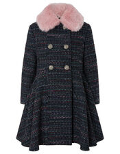 Tweed Skirted Coat, Blue (NAVY), large