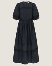 Odilia Broderie Puff-Sleeve Midi Dress, Black (BLACK), large
