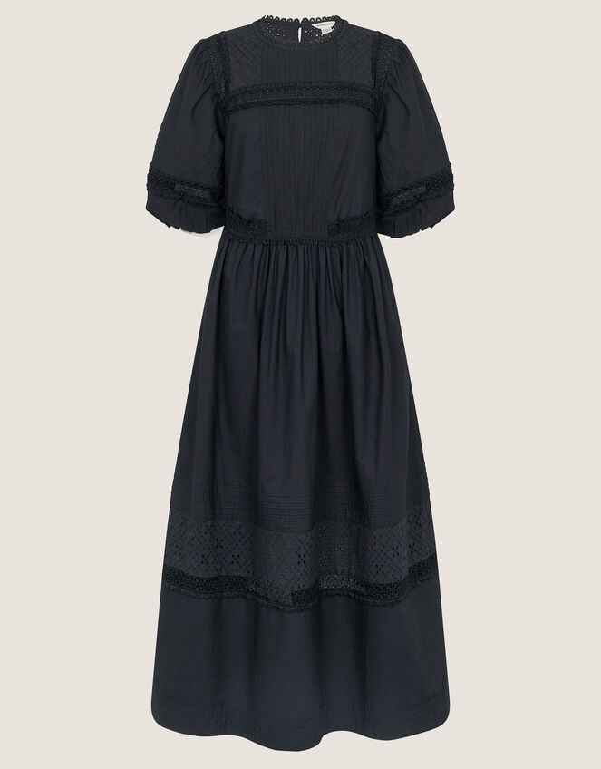 Odilia Broderie Puff-Sleeve Midi Dress, Black (BLACK), large