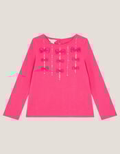 Bow Appliqué Long Sleeve Top, Purple (PURPLE), large