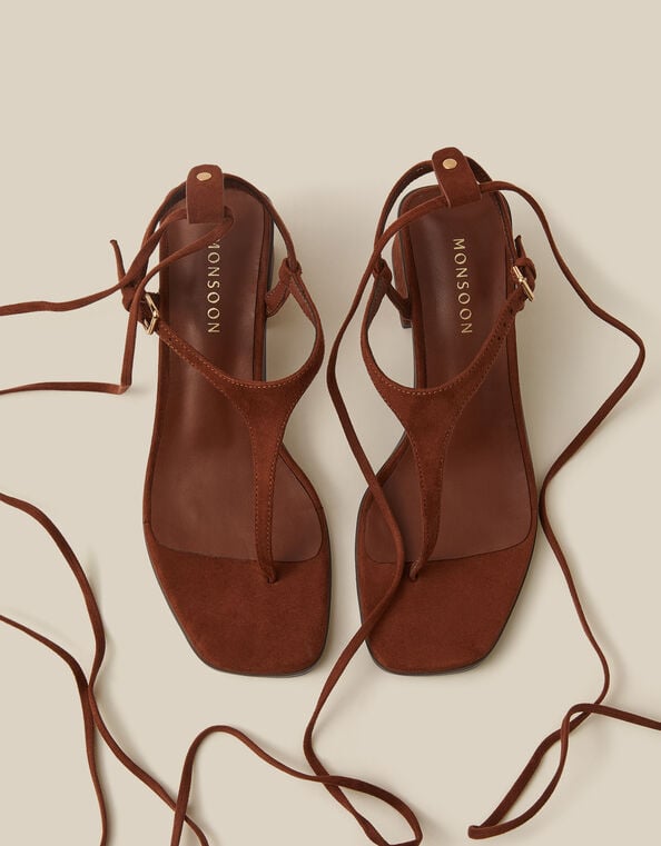 Hatty Toe Post Tie Strap Heels, Brown (CHOCOLATE), large