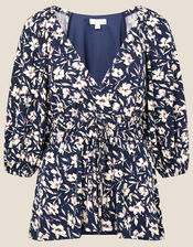 Mid Scale Floral Print V-Neck Jersey Top, Blue (NAVY), large
