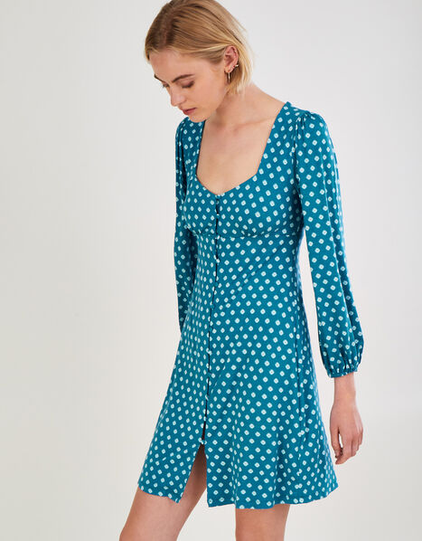 Geometric Print Babydoll Short Jersey Dress Blue, Blue (TURQUOISE), large