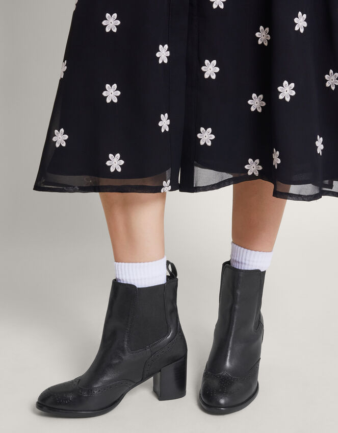 Classic Leather Heeled Brogue Boots, Black (BLACK), large