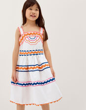 Ric Rac Embroidered Cotton Dress, White (WHITE), large