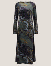Delta Print Velvet Jersey Midi Dress, Black (BLACK), large