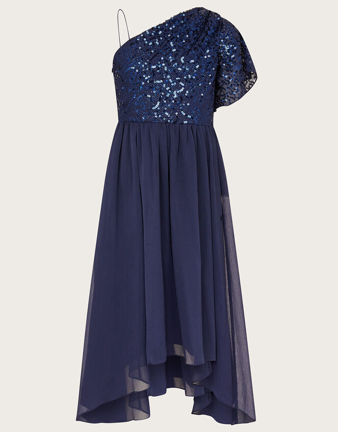 Mara One-Shoulder Flutter Sleeve Prom Dress, Blue (NAVY), large