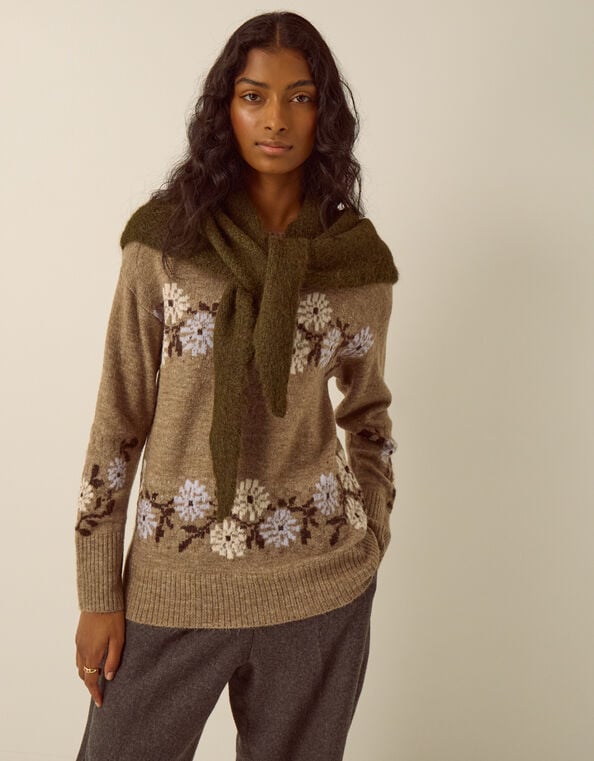 Taya Large Knitted Triangle Scarf, Green (KHAKI), large