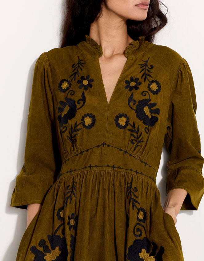 East Floral Embroidered Corduroy Maxi Dress, Green (GREEN), large