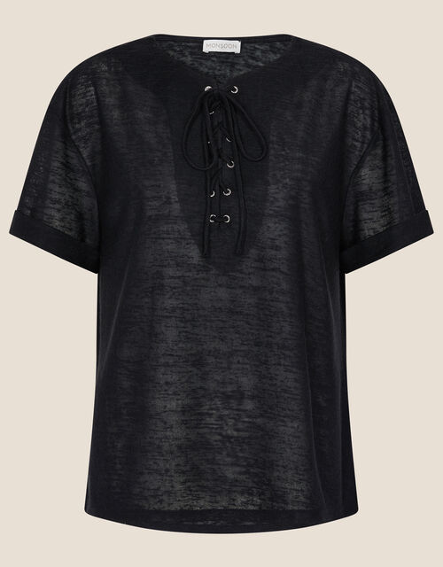 Lace-Up Neck T-Shirt, Black (BLACK), large