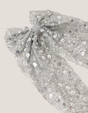 Long Sequin Bow Hair Clip, Silver (SILVER), large