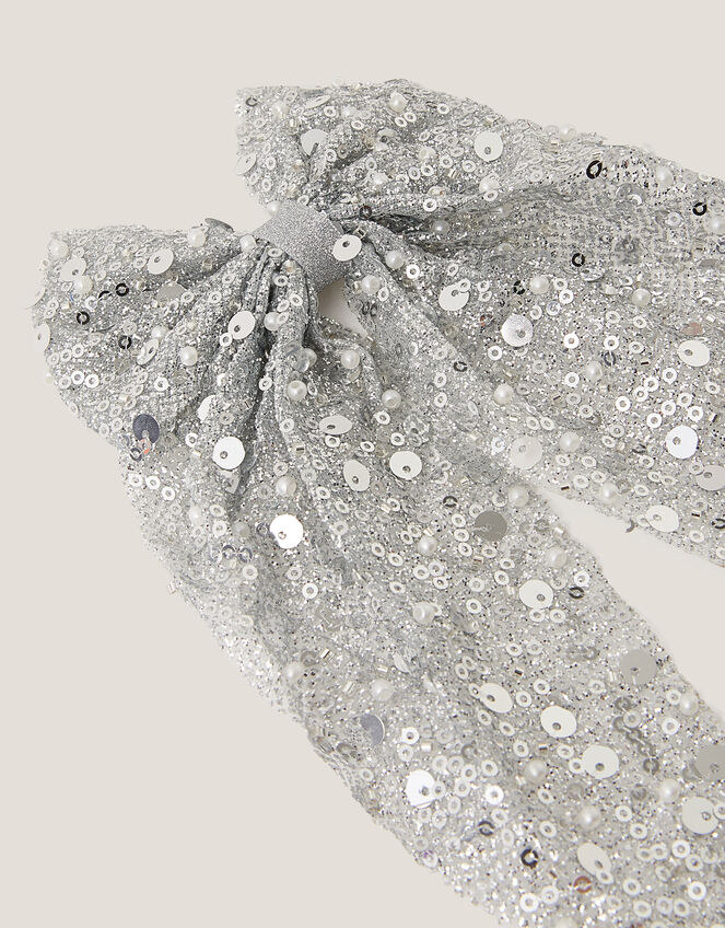 Long Sequin Bow Hair Clip, Silver (SILVER), large