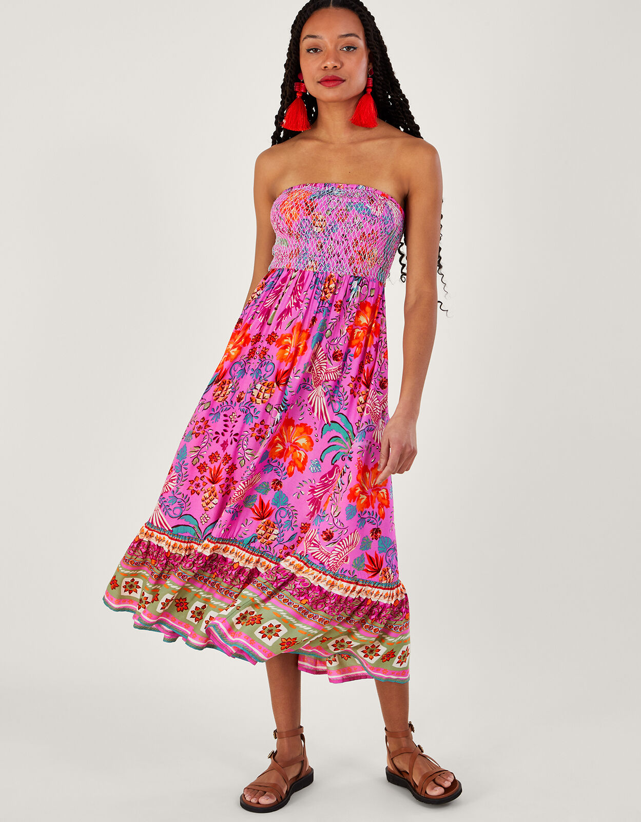 Bandeau Palm Print Dress in LENZING ECOVERO Pink