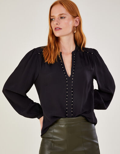 Alex V-Neck Blouse in Sustainable Viscose, Black (BLACK), large