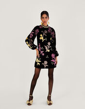 Terry Velvet Applique Tunic Dress, Black (BLACK), large