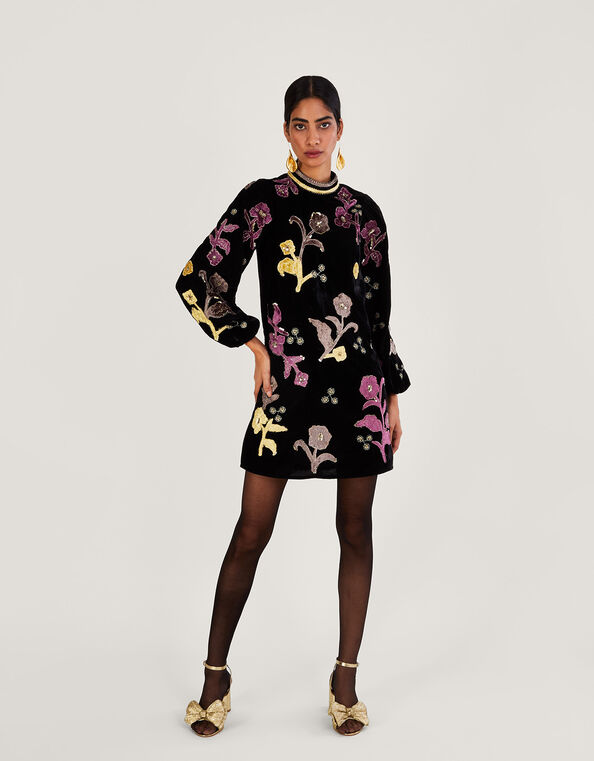 Terry Velvet Applique Tunic Dress, Black (BLACK), large
