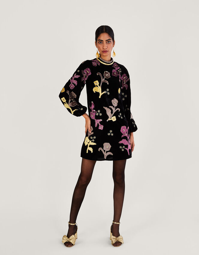 Terry Velvet Applique Tunic Dress, Black (BLACK), large