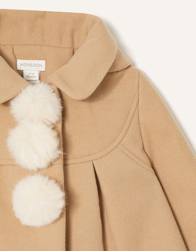 Baby Pom-Pom Hooded Coat, Camel (CAMEL), large