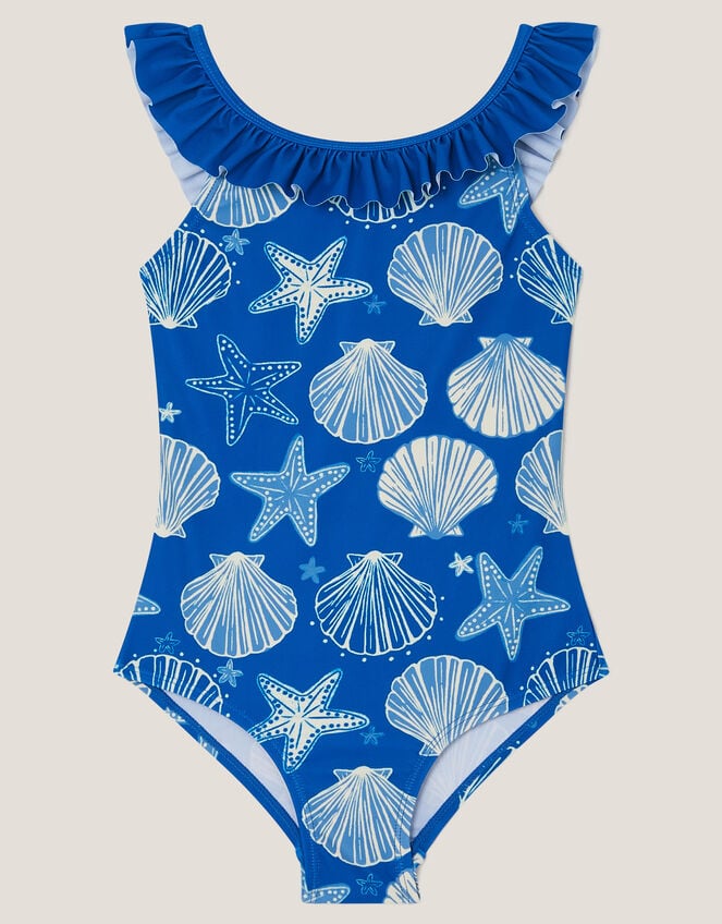 Starfish & Shell Print Frill Swimsuit, Blue (NAVY), large
