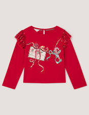 Sequin Christmas Long Sleeve Top, Red (RED), large