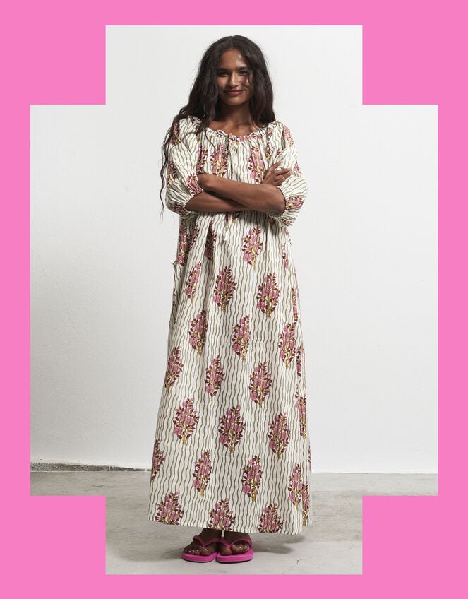 Par & Escala Justina Floral Stripe Maxi Dress, White (WHITE), large