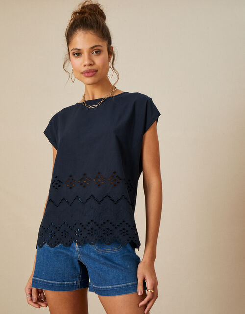 Cut-Out Detail Jersey T-Shirt in Sustainable Cotton, Blue (NAVY), large
