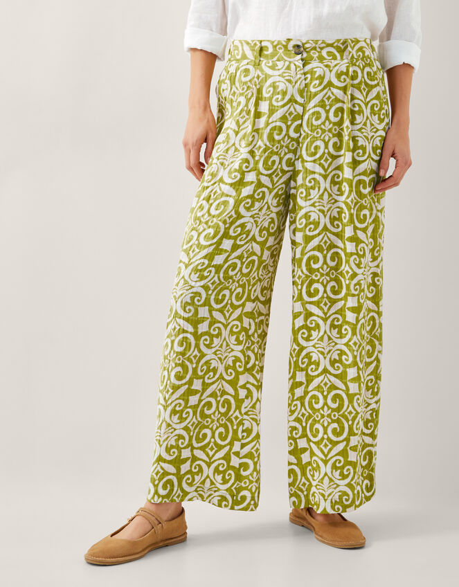 Trinny Hand-Screen Print Wide Leg Trousers, Green (GREEN), large