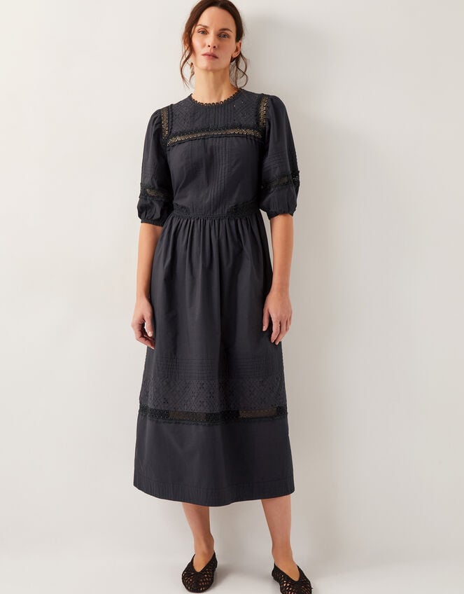 Odilia Broderie Puff-Sleeve Midi Dress, Black (BLACK), large