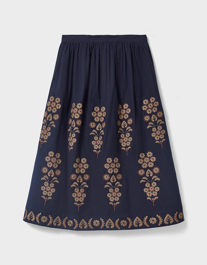 East Sophia Floral Embroidered Midi Skirt, Blue (NAVY), large