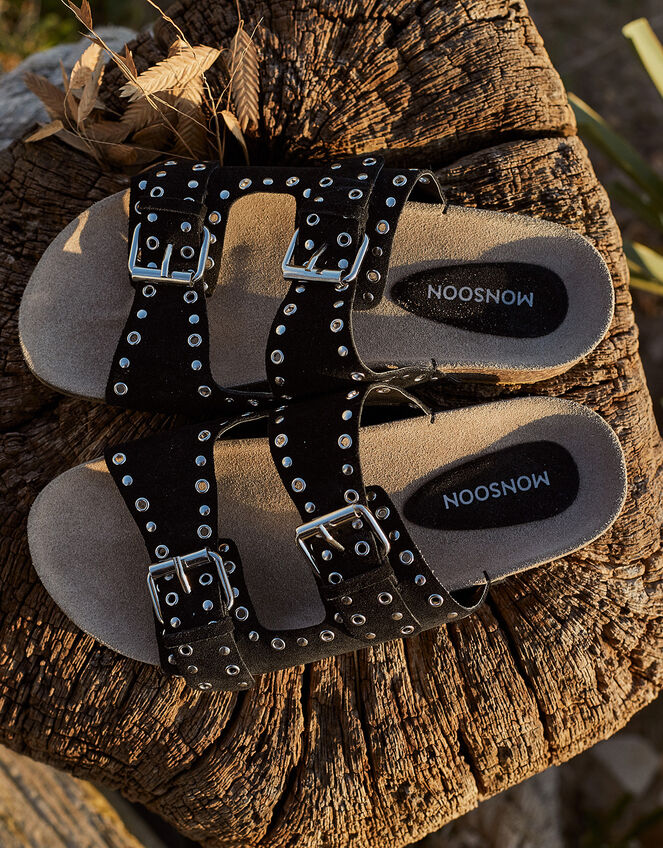 Sadie Double Strap Suede Sandals, Black (BLACK), large