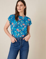 Brady Printed Top in Pure Linen, Blue (BLUE), large