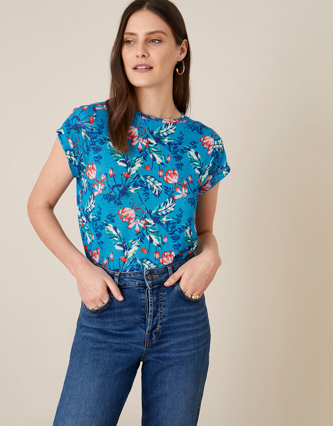 Brady Printed Top in Pure Linen, Blue (BLUE), large