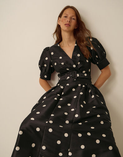 Amara Polka Dot Belted Midi Dress Black