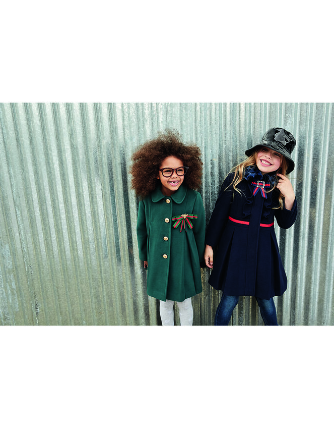 Navy Pleated Coat with Diamante Bow, Blue (NAVY), large