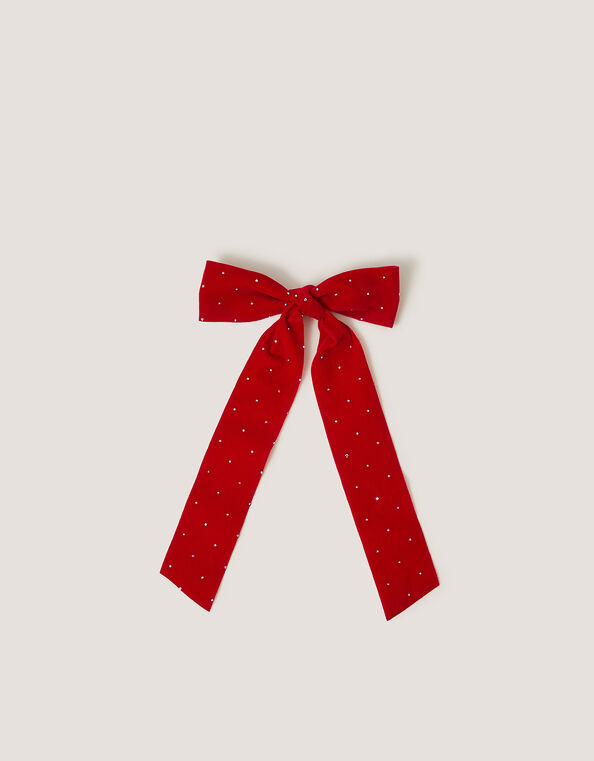 Velvet Rhinestone Bow Hair Clip, Red (RED), large