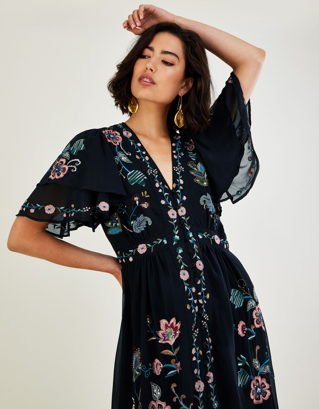Triss Embroidered Peacock Dress in Recycled Polyester Black