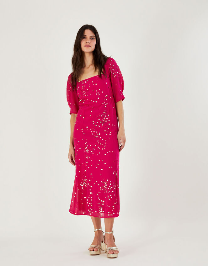 Judy Embellished Midi Dress in Recycled Polyester, Pink (PINK), large