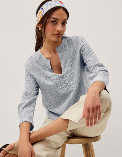 Alexis Stripe Linen-Blend Top, Blue (NAVY), large