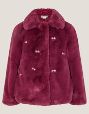 Bow Embellished Faux Fur Coat, Red (BURGUNDY), large