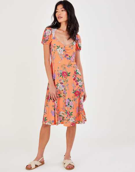 Lace Insert Floral Jersey Dress Orange, Orange (PEACH), large