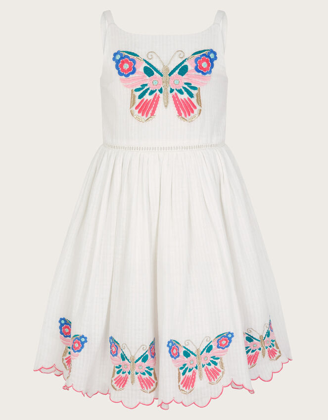 Butterfly Embroidered Cotton Dress, Ivory (IVORY), large
